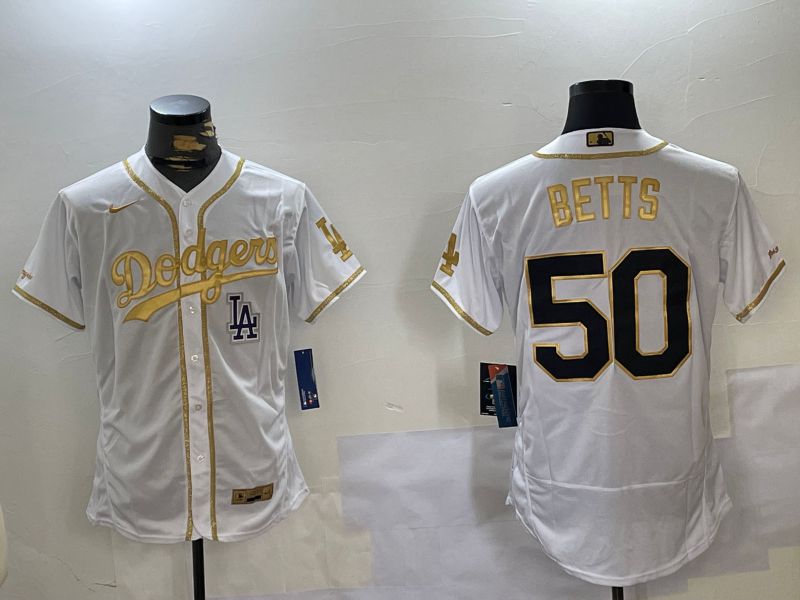 Men Los Angeles Dodgers #50 Betts White Gold Elite 2024 Nike MLB Jersey style 6